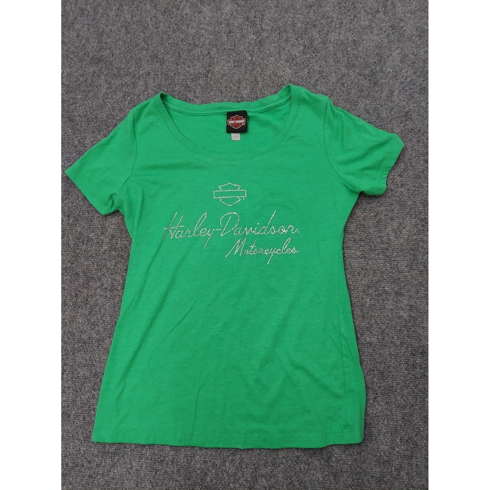 Harley Davidson Shirt Womens Large green Rhinestone Grand Cayman Short Sleeve